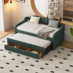Modernluxe - lit banquette avec tiroirs rembourr en lin - 90x200cm + 90x190cm - vert sapin