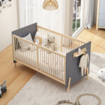 Lit b�b� 163 x 80 x 92 cm - lit enfant avec barri�re de s�curit� - gris et bois - sans matelas