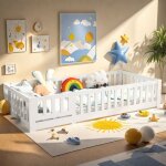 Lit b�b� antichute 90 x 200 cm, lit b�b�, pin massif, sommier � lattes, 100 kg, blanc (livraison locale, ...