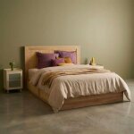 Lit boh�me avec sommier � lattes et t�te de lit 140 x 190cm + 4 tiroirs d�cor bois et cannage naturel ...