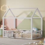Okwish - lit cabane 90x200 cm, lit simple d'enfant avec barrière de sécurité, en bois de pin, blanc, ... Okwish - lit cabane 90x200 cm, lit simple d'enfant avec barrière de sécurité, en bois de pin, blanc, ...