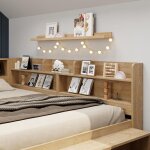 Lit en bois massif avec chevet, �tag�re et armoire de rangement, fonction de charge sans fil, sans matelas ...