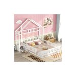 Okwish - lit cabane 140x190 cm, lit simple d'enfant avec barri�res et tables de chevet, en bois de pin, ...