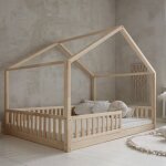 Lit cabane 140x200 barri�re et sommier inclus pieds 1 cm roxane bois