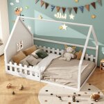 Modfu - lit cabane 140x200 cm, lit simple double, lit bb avec barrires de parc, cadre en pin, sans ...