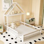 Lit cabane 140x200 cm, lit cabane au sol, lit enfant avec grille, porte et sommier  lattes, cadre de ...