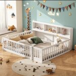 Lit cabane 140x200cm - lit enfant avec sommier � lattes, table de chevet avec coffre de rangement, barri�re ...