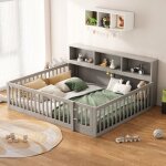 Lit cabane 140x200cm - lit enfant avec sommier � lattes, table de chevet avec coffre de rangement, barri�re ...