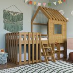 Lit cabane 90x200 cm, lit enfant en bois massif, avec toit et fentre, rangements ouverts, chelle, sommier ...