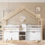 Lit cabane 90x200cm, lit enfant avec sommier � lattes, 2 casiers sur roulettes, barri�re de s�curit�, ...