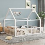 Lit cabane adulte 140 x 200 cm, cadre m�tal blanc, design toit avec barri�res de s�curit�