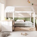 Redom - lit cabane adulte 160x200 cm avec tiroirs - lit double avec chevet amovible et sommier - blanc ...