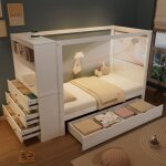 Hauss spole - lit cabane en bois 90�200 cm, lit enfant avec armoire de rangement, 6 tiroirs, sommier ...