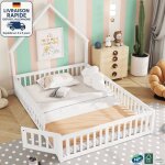 Lit cabane enfant 140 x 190 cm - avec sommier et barrires - bois certifi pefc - style simple - blanc ...