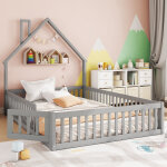 Lit cabane enfant 140 x 190 cm - lit avec sommier � lattes - bois massif - gris (sans matelas)
