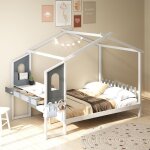 Costway - lit cabane enfant 140 x 200 cm avec grand bureau, lit maison double en bois avec sommier  ...