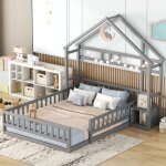 Lit cabane enfant 140x200 cm, avec chevets, lit plat enfant forme maison, avec barri�re de protection ...