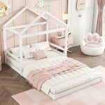 Lit cabane enfant 140x200 forme maison - structure pin avec sommier lattes - style minimaliste blanc ...