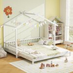 Goplus - lit cabane enfants, lit enfants 2 place plateforme extensible, lit jumeuax avec clture, design ...