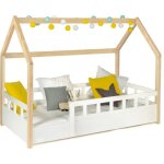Idmarket - lit cabane enfant 80 x 160 cm neree blanc et hêtre avec sommier et barrières Idmarket - lit cabane enfant 80 x 160 cm neree blanc et hêtre avec sommier et barrières
