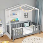 Costway - lit cabane enfant 90 x 200 cm, lit d'enfants avec fentre 2 etagres et garde - corps, lattes ...