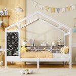 Lit cabane enfant 90x200 cm, lit bébé en bois massif, avec bibliothèque de rangement, avec tableau noir, ... Lit cabane enfant 90x200 cm, lit bébé en bois massif, avec bibliothèque de rangement, avec tableau noir, ...