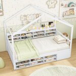 Lit cabane enfant 90x200 cm, lit d'enfants en bois avec 14 cubes de rangement et armoire avec porte, ...