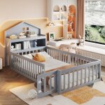 Lit cabane enfant en bois 90�200cm, 2 �tag�res, design maison, barri�re de s�curit�, avec planche � dessin, ...