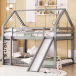 Redom - lit cabane enfant, lit superpos avec toboggan et chelle, 140x200cm, en bois, gris