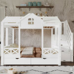 Lit cabane superpos� enfant 90x200 + 140x200 cm avec dressing 4 niches, double tiroirs � roulettes - ...