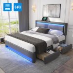 Okwish - lit adulte 140x190 cm lit double rembourr� avec port usb, �clairage led et 4 tiroirs, en pu ...