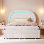 Rosahqnda - lit capitonn 140 x 200 cm avec tte de lit lumineuse led, lit double coffre avec 2 tiroirs, ...