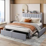 Okwish - lit adulte 140x200 cm, lit double rembourr avec tiroirs, table de chevet et prise usb, tissu ...