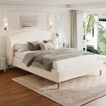 Lit capitonn� 140x190 cm - t�te de lit � oreilles - pieds en bois d'h�v�a - sommier � lattes - tissu ...