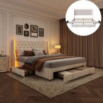 Fortuna lai - lit capitonn 140x190 cm velours, avec 3 tiroirs, clairage led, sommier  lattes en bois ...