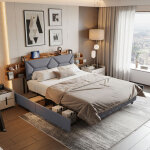 Lit capitonn� 140x200 cm en m�tal, avec 4 tiroirs, espace de rangement avec �tag�res double face, usb ...