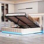 Lit capitonné 160 x 200 cm avec led, sommier à lattes en métal & coffre de lit, lit double avec tête ... Lit capitonné 160 x 200 cm avec led, sommier à lattes en métal & coffre de lit, lit double avec tête ...