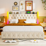 Lit capitonn� 160 x 200 cm, led et usb, lit � air comprim�, avec rangement et t�te de lit, lattes de ...