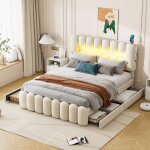 Okwish - lit adulte 160x200 cm, lit double rembourr� avec tiroirs, �clairage led, prise usb et cha�ne ...