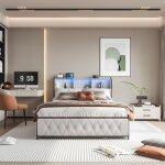 Lit capitonn� 160x200 cm avec 4 tiroirs de rangement, capitonn�, cloisons ouvertes, sommier � lattes, ...