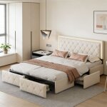 Lit capitonn� 160x200cm avec �clairage led, lit double avec 4 tiroirs et t�te de lit r�glable, cadre ...