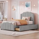 Lit capitonn 90 x 200 cm cadre de lit pour enfant avec 2 tiroirs de rangement avec tte de lit, pied ...