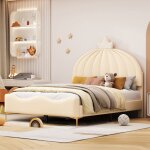 Lit capitonné beige 140x200 cm, lit enfant fille avec tête de lit dessin animé avec moulure de couronne, ... Lit capitonné beige 140x200 cm, lit enfant fille avec tête de lit dessin animé avec moulure de couronne, ...