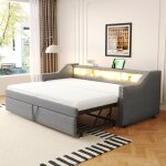 Lit capitonn, canap - lit gigogne 90 / 180 x 190 cm, rangement multifonction, clairage led et prise ...