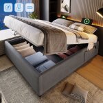 Lit coffre 160�200 cm lit double rembourr� avec usb - c et sommier � lattes, tissu en lin, gris, sans ...