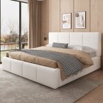Lit capitonn, lit double, 180 x 200 cm, sommier  lattes, tte de lit capitonne, beige