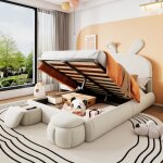 Lit coffre 140x200, lampe  luminosit rglable, 2 tabourets de rangement, velours, beige, sans matelas ...