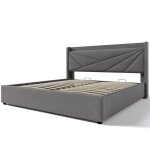 Gutent - lit capitonn� gris avec t�te de lit en lin avec chargeur usb type c et sommier � lattes (sans ...