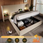Lit coffer double 160200cm, lit adulte avec table de chevet, lampe de lecture + usb, tissu lin, sans ...