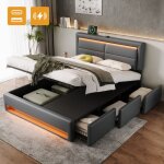 Lit coffre 140 x 190 cm, lit adulte double capitonn avec 3 tiroirs, led, port usb (sans fil et filaire), ...